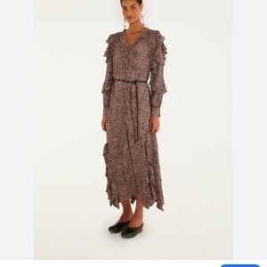 FARM Rio Brown Spot Ruffle-Trim Long Sleeve Maxi Dress